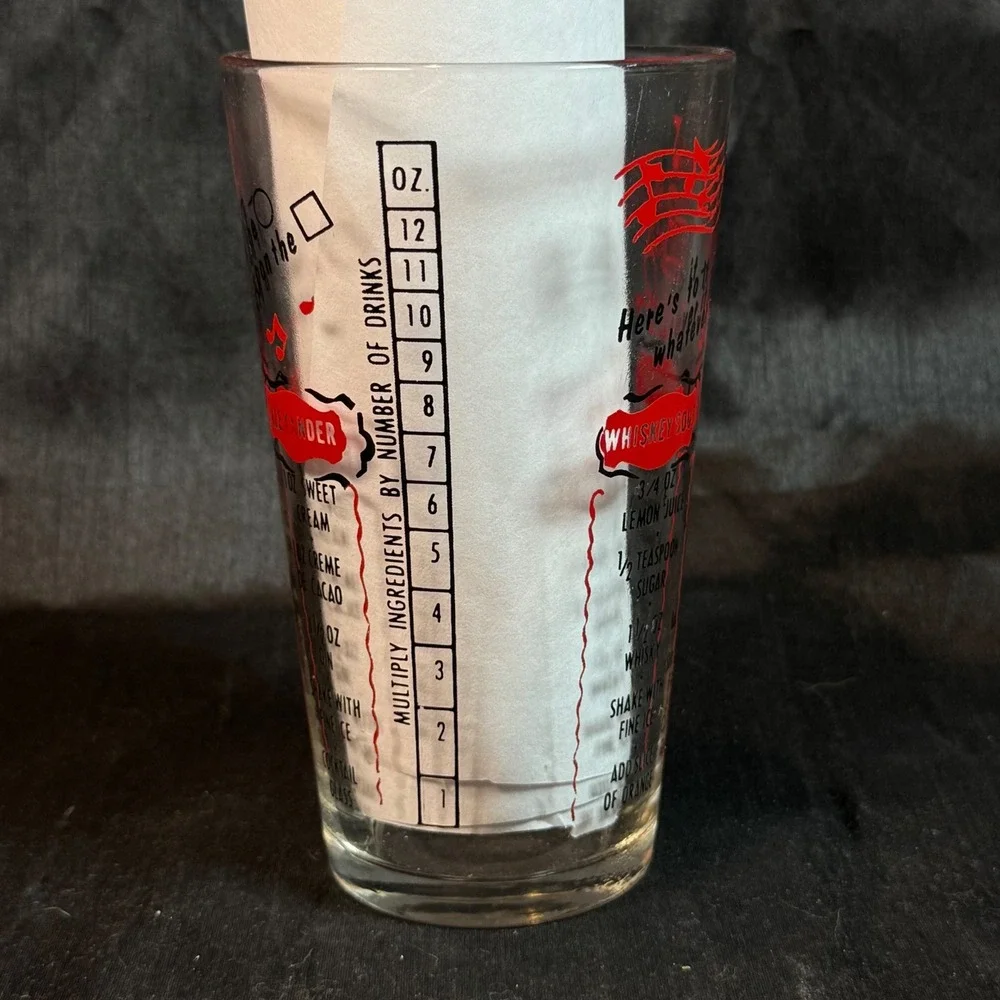 Vintage Federal Glass Cocktail Recipe Mixing Glass Red Black Mid Century 12oz